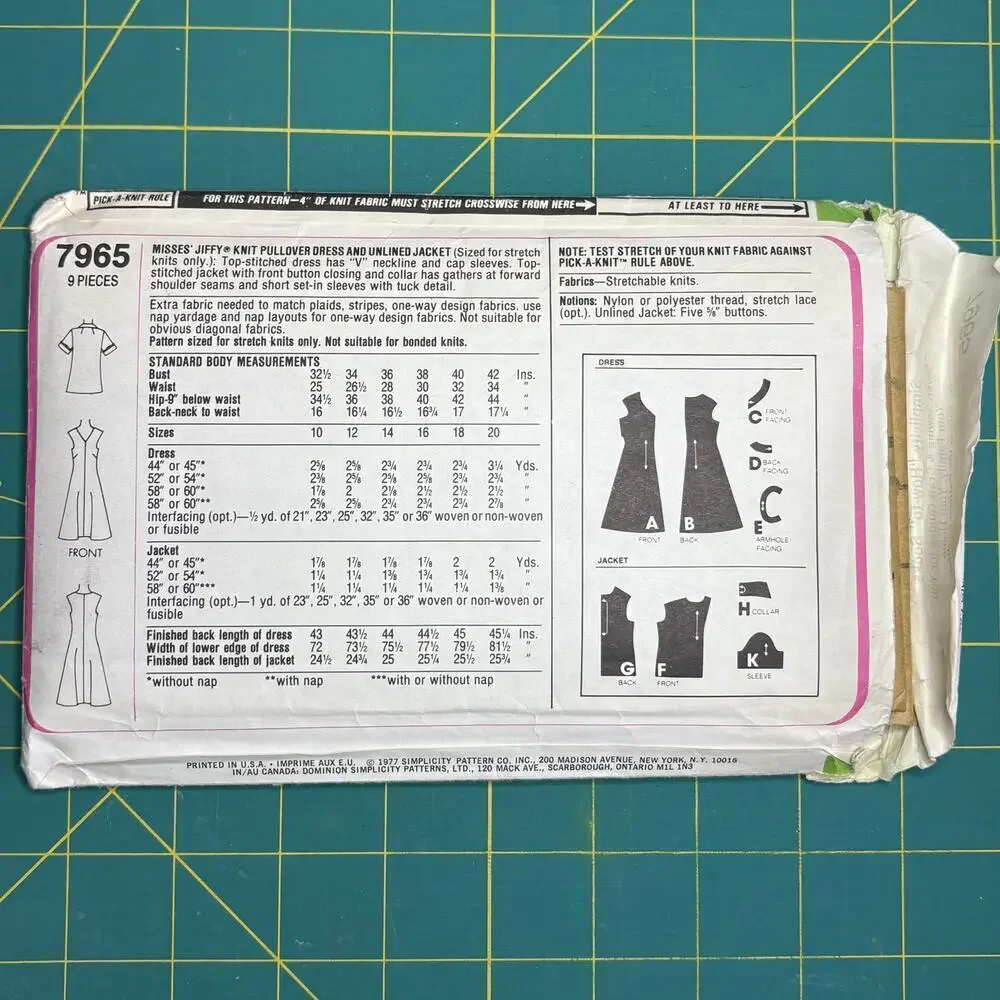 Vtg Uncut Misses Jiffy Knits Pullover Dress, Jacket Pattern Simplicity 7965 Sz10
